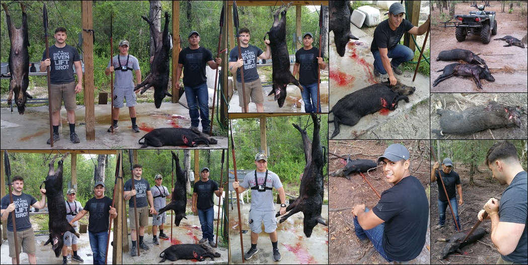 Eduardo, Austin, and Jordan after their Spear Hunt at Swine In The Pines Guided Hog Hung Camp